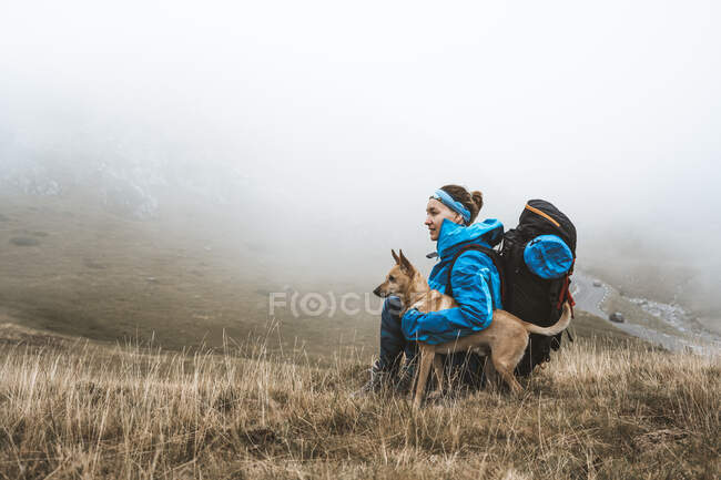 Vista lateral do viajante relaxado em casaco azul brilhante com mochila ligando cão marrom e sentado em campo seco em névoa nebulosa na montanha — Fotografia de Stock
