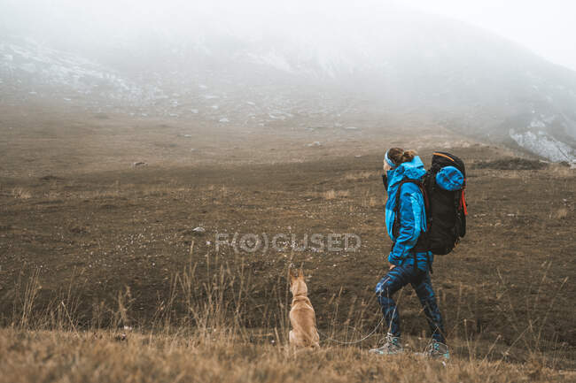 Вид збоку на пішохідну жінку в яскраво-блакитній куртці і рюкзаку з коричневим собакою в сухій порожній долині в оточенні засніжених гір — стокове фото