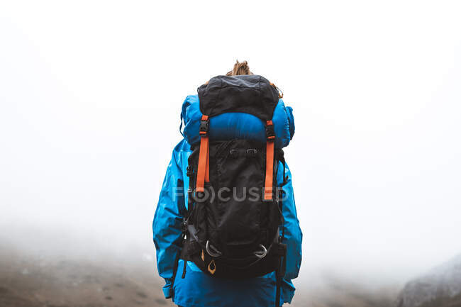 Vista posterior de la tranquila mujer tranquila bien equipada con chaqueta azul brillante con mochila de pie en la parte superior y mirando el valle gris y las montañas en la niebla - foto de stock