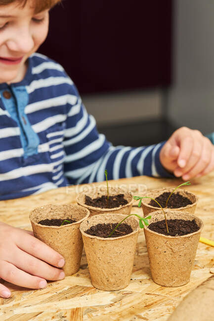 Coltivare anonimo bambino piantare piantina di semenzaio in tazza di cartone con terreno a tavola con pala da giardinaggio — Foto stock
