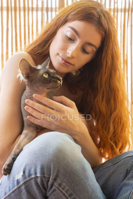 Jovem fêmea gentil com longos cabelos vermelhos abraçando gato enquanto sentado em casa — Fotografia de Stock
