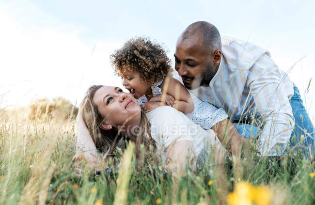 Vista lateral de alegre pareja multirracial con adorable hijita jugando en el prado en verano - foto de stock