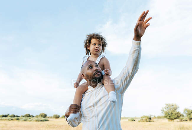 Alegre padre afroamericano con linda hija sobre hombros jugando en el campo en verano y divirtiéndose mirando hacia otro lado - foto de stock