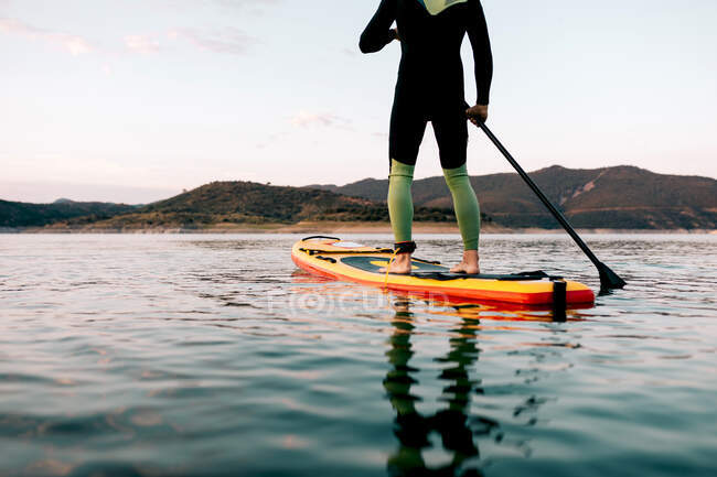 Surfista masculino anónimo irreconocible recortado flotando en la tabla de SUP en el mar tranquilo al atardecer en verano - foto de stock