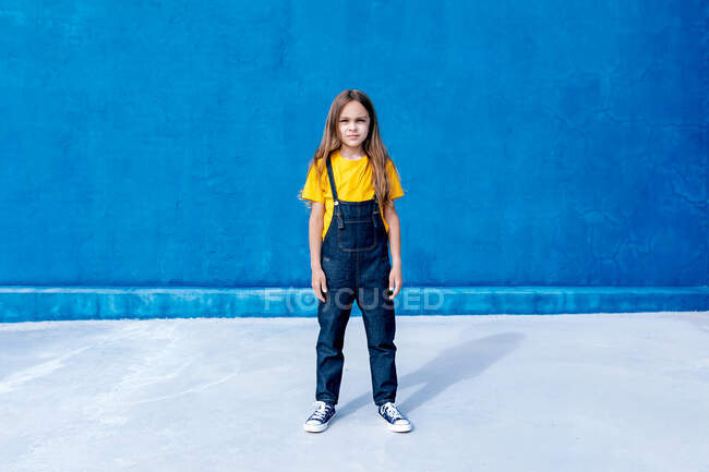 Confident teenager standing blue background and looking at camera — Stock Photo