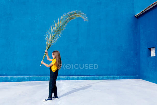 Vista laterale di adolescente in piedi con enorme foglia di palma su sfondo di parete blu — Foto stock