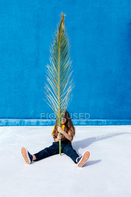 Adolescente sentado com enorme folha de palmeira no fundo da parede azul — Fotografia de Stock