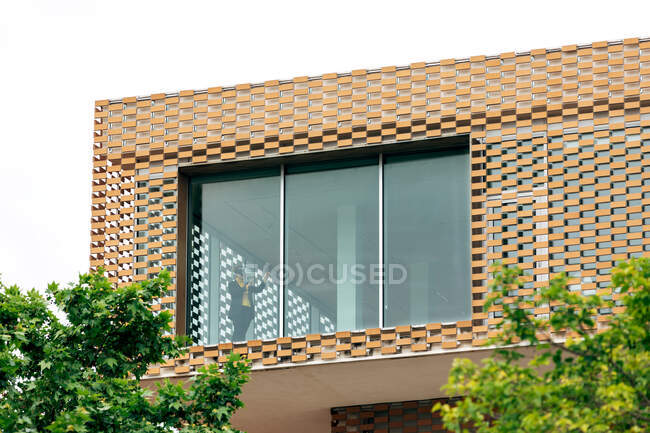 Снизу через окно вид на женщин в стильном наряде в гарнитуре VR, стоящих в современном доме с геометрическими элементами на стенах возле зеленых деревьев и растений в дневное время — стоковое фото