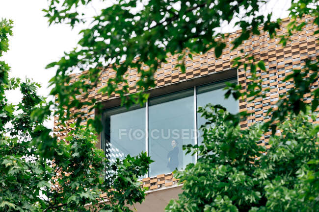D'en bas à travers la fenêtre vue de la femelle dans une tenue élégante debout dans une maison moderne avec des éléments géométriques sur les murs près des arbres verts et des plantes en journée — Photo de stock