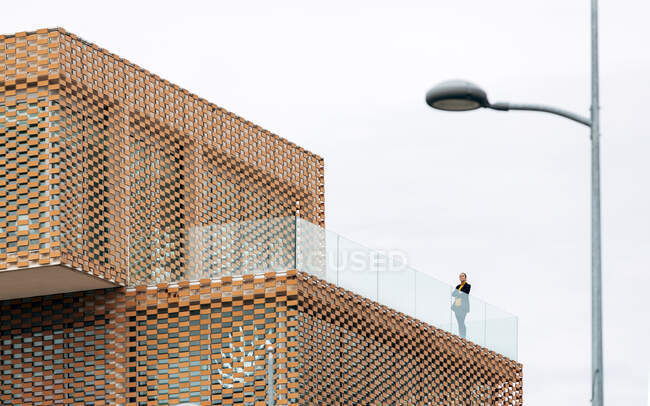 Снизу женщина в стильном наряде стоит на балконе современного здания с геометрическими элементами на окнах возле стеклянных перил под серым небом в дневное время — стоковое фото