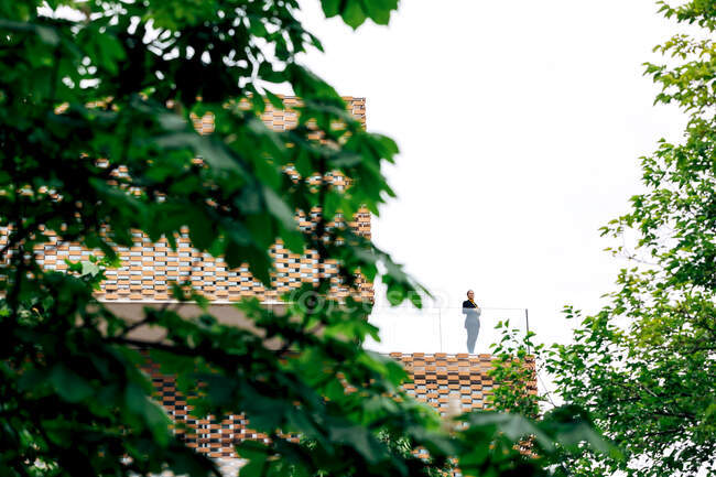 De baixo da fêmea na roupa elegante que está na varanda do edifício moderno com elementos geométricos em janelas ao usar a tabuleta perto de grades de vidro abaixo do céu brilhante perto de árvores verdes — Fotografia de Stock