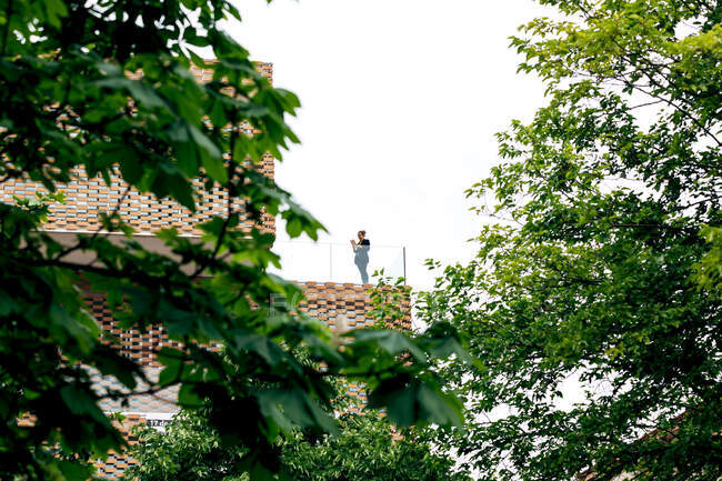 Von unten steht eine Frau in stilvollem Outfit auf dem Balkon eines modernen Gebäudes mit geometrischen Elementen an den Fenstern, während sie ein Tablet in der Nähe von Glasgeländern unter hellem Himmel in der Nähe grüner Bäume benutzt — Stockfoto