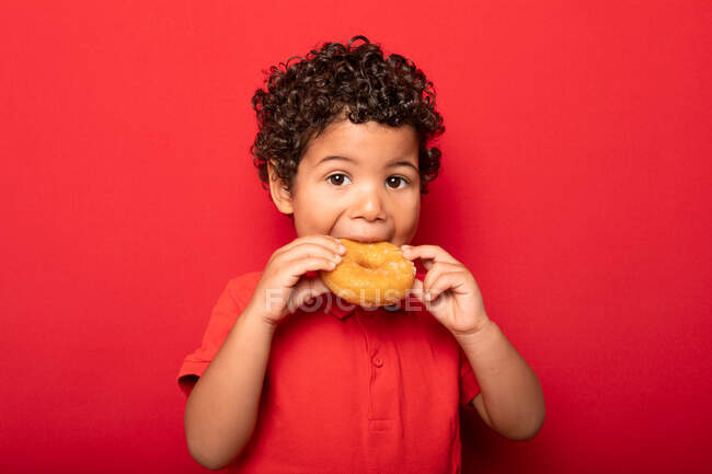 Adorable enfant aux cheveux bouclés mangeant un beignet doux et savoureux et regardant la caméra sur fond rouge — Photo de stock