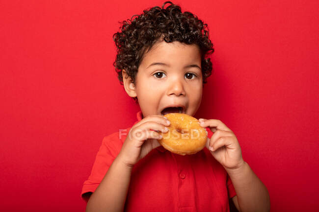 Criança adorável com cabelo encaracolado comendo doce saboroso donut e olhando para a câmera no fundo vermelho — Fotografia de Stock