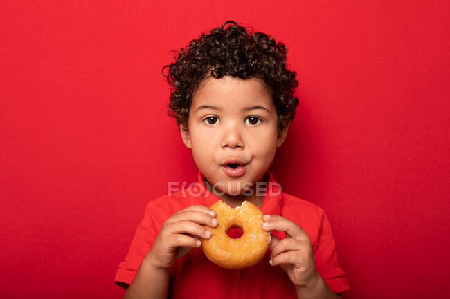 Adorable niño con el pelo rizado comiendo dulce rosquilla sabrosa y mirando a la cámara en el fondo rojo - foto de stock