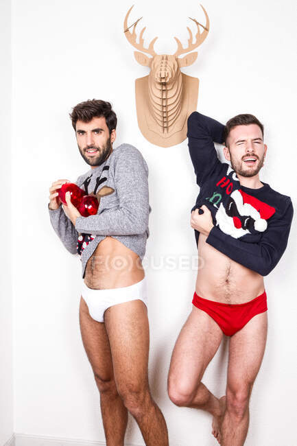 Couple of adult gay lovers in underwear and Xmas sweaters with decorative red balls standing against white wall with artificial deer head — стоковое фото