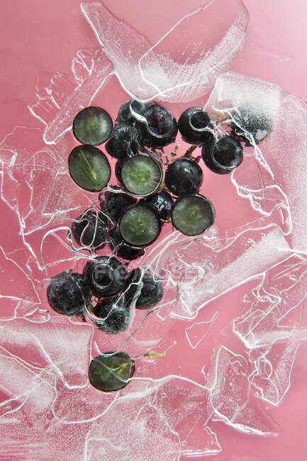 Top view composition with whole and cut ripe black grape and ice pieces placed together on pink background — Stock Photo