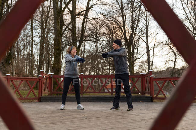 Vista dalla recinzione in legno della vecchia coppia positiva che si riscalda prima dell'allenamento nel parco con alberi senza foglie — Foto stock