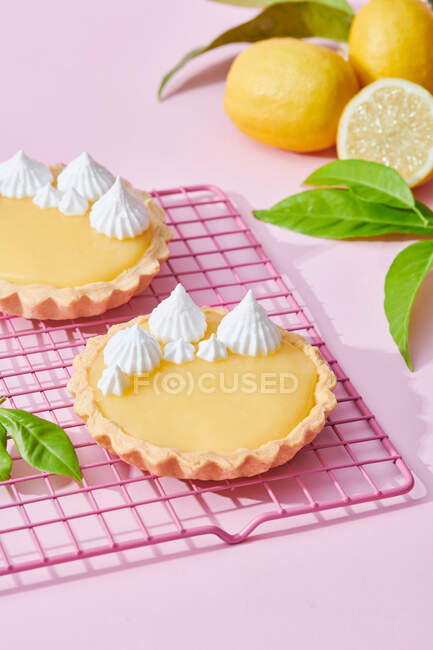 High angle of tasty lemon tarts with whipped cream served on pink background with fresh citruses — Stock Photo