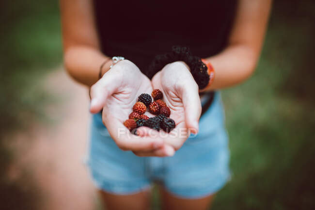 Crop anonymous female showing tasty fresh red and black berries in hands on blurred background — Stock Photo