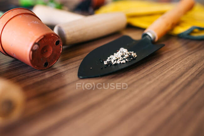 Плоский шар маленьких домашніх інструментів для садівництва з рукавичками і вазоном з рослинами на дерев'яному столі — стокове фото