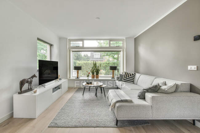 Grande sofá confortável colocado em frente TV na espaçosa sala de estar com interior elegante no apartamento moderno — Fotografia de Stock