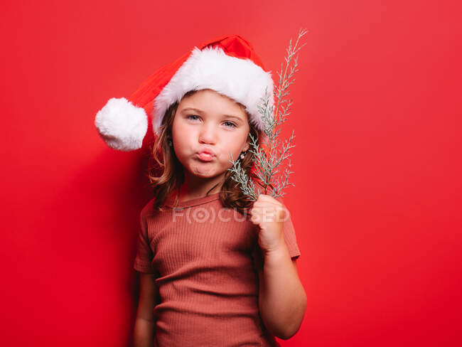 Linda niña haciendo pucheros labios en ropa casual y sombrero de Santa sosteniendo rama de abeto y mirando a la cámara contra el fondo rojo - foto de stock