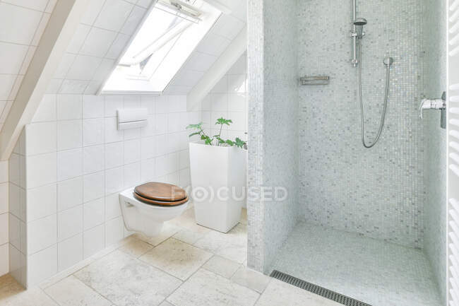 Креативный дизайн ванной комнаты с душевой и унитазом под окном в светлом доме — стоковое фото