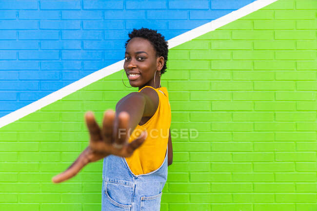 Back view of delighted African American female standing hear colorful wall and reaching hand to camera — Stock Photo