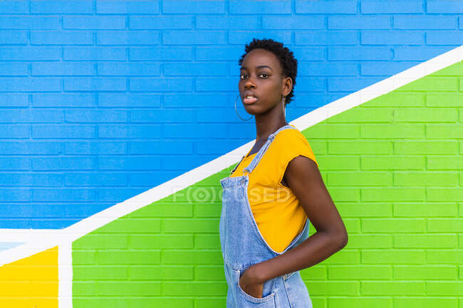 Seitenansicht einer jungen Afroamerikanerin, die an einer bunten, hellen Wand steht — Stockfoto