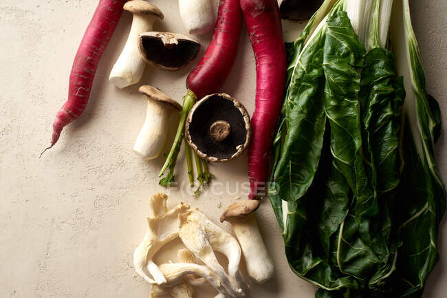 Feche-se com verduras orgânicas e cogumelos no contexto bege. Vista superior com verdes saudáveis e daikon inverno vermelho. Novos ingredientes na rotina alimentar saudável. — Fotografia de Stock