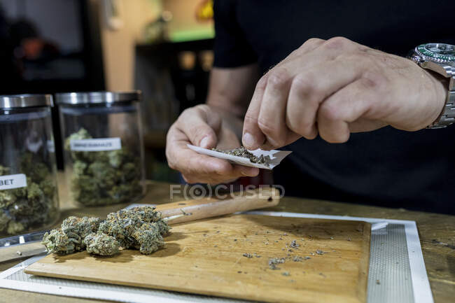 Обрізати анонімного чоловіка в наручних годинниках з сухим меленим листом марихуани на сигаретному папері над квітковими бруньками на дошці — стокове фото