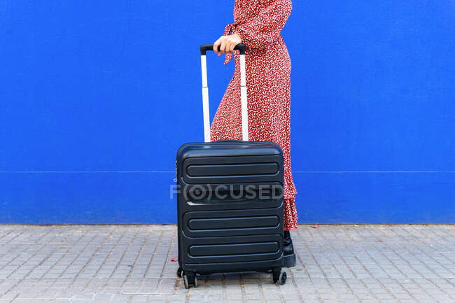 Вид збоку обрізаної невпізнаваної жінки в довгій червоній сукні, що стоїть з багажем на вулиці на синій стіні вдень — стокове фото