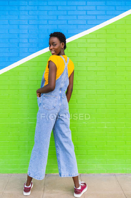 Seitenansicht einer fröhlichen jungen Afroamerikanerin, die an einer bunten, hellen Wand steht und lächelt — Stockfoto