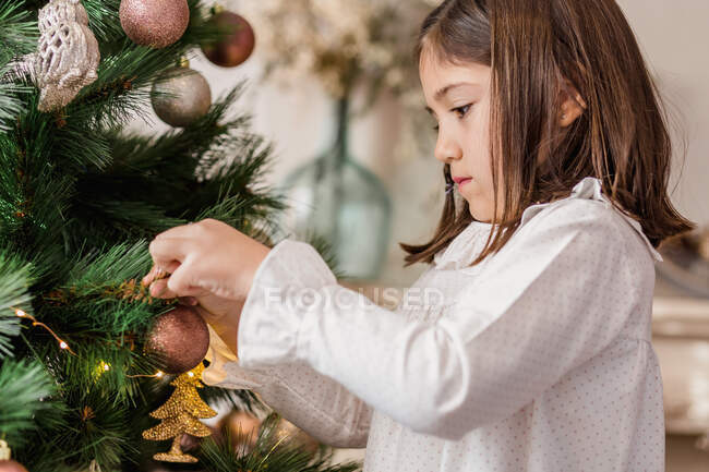 Вид сбоку концентрированной девушки, украшающей ветви елки, готовясь к празднику дома — стоковое фото