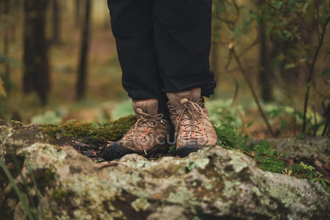 Crop unrecognizable person in trekking boots standing on mossy rock in forest in countryside — Stock Photo