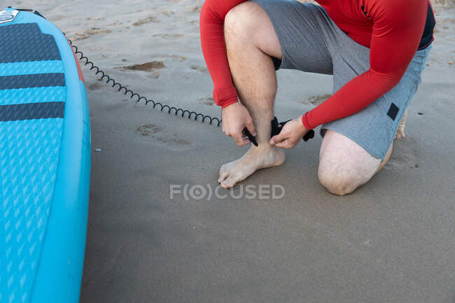 Surfista masculino irreconocible recortado en traje de neopreno que pone correa en el tobillo en la tabla SUP mientras se prepara para remar surf en la orilla del mar - foto de stock