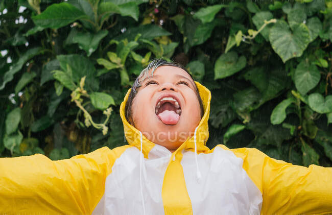 Contenuto etnico bambino in slicker con la lingua fuori cattura gocce di pioggia, mentre guardando contro arbusto — Foto stock