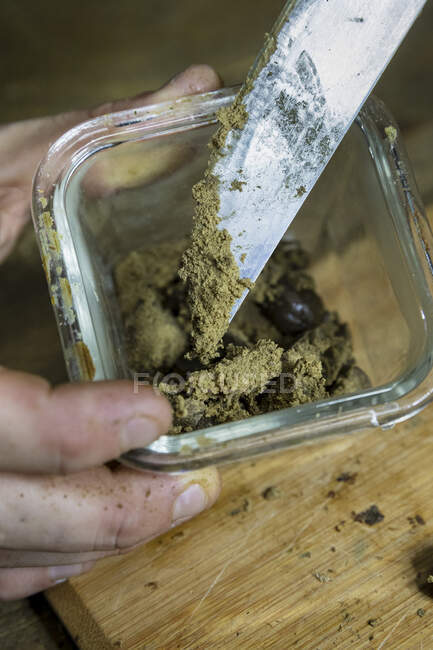 From above of crop unrecognizable person demonstrating mashed dried hemp in glass container with knife — Stock Photo