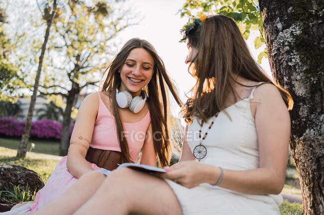 Girlfriends in sundresses sharing textbook while sitting on meadow in sunny park in back lit — Stock Photo