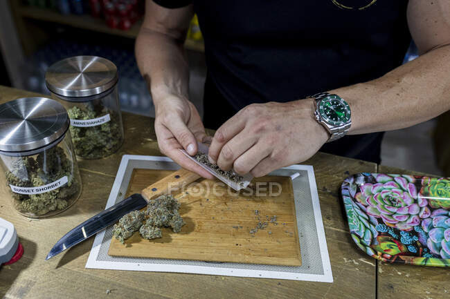 Анонимный мужчина в наручных часах с сухим грунтом, листья марихуаны на сигаретной бумаге над цветочными бутонами на доске — стоковое фото