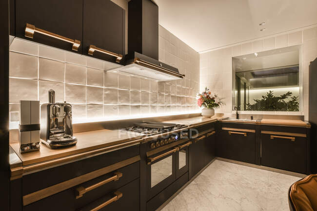 Interior de elegante cocina espaciosa con electrodomésticos modernos y muebles minimalistas con detalles de bronce en mansión moderna - foto de stock