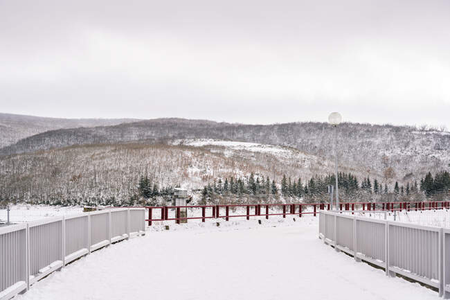 Pont clôturé vide couvert de neige allant aux arbres à feuilles persistantes et colline avec des arbres nus sous le ciel nuageux — Photo de stock