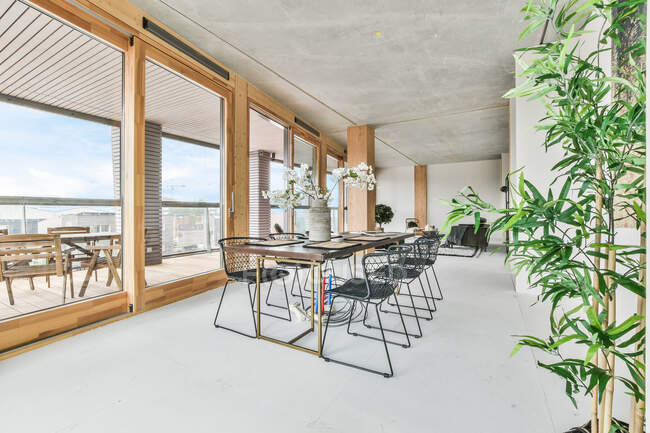 Moderno interno della sala da pranzo con tovagliette e fiori in fiore in vaso su tavolo contro finestra in casa — Foto stock