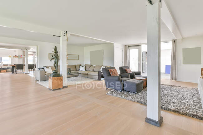 Interior moderno sala de estar com estátua no pedestal contra sofá e poltronas em tapete macio em casa de luz — Fotografia de Stock