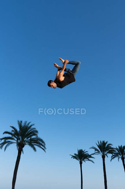 Низкий угол зрения активного спортсмена делает загиб, прыгая на пальмы под голубым небом при солнечном свете — стоковое фото