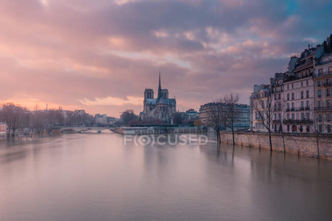 Riega el agua del río Sena más allá de la catedral católica medieval de Notre Dame de Paris al atardecer - foto de stock