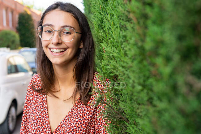 Веселая молодая женщина с каштановыми волосами в очках стоит среди зеленых ветвей и смотрит в камеру при дневном свете — стоковое фото