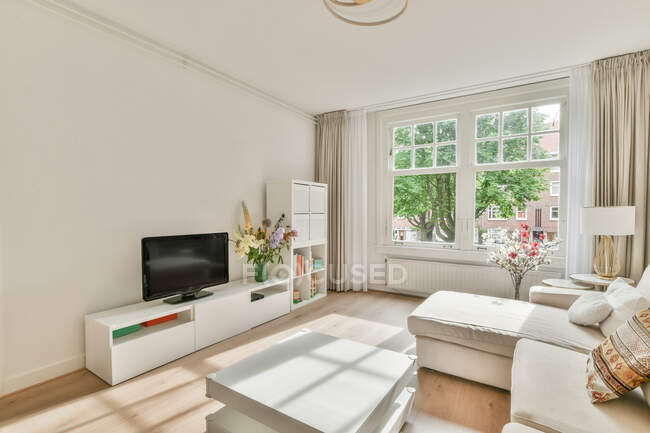 Interno di ampio soggiorno con comodo divano con cuscini ed elementi di stile in appartamento moderno nella giornata di sole — Foto stock