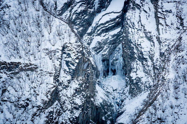 Steiler, felsiger Berghang mit blattlosen Pflanzen und Eis im schneebedeckten Hochland Nepals — Stockfoto